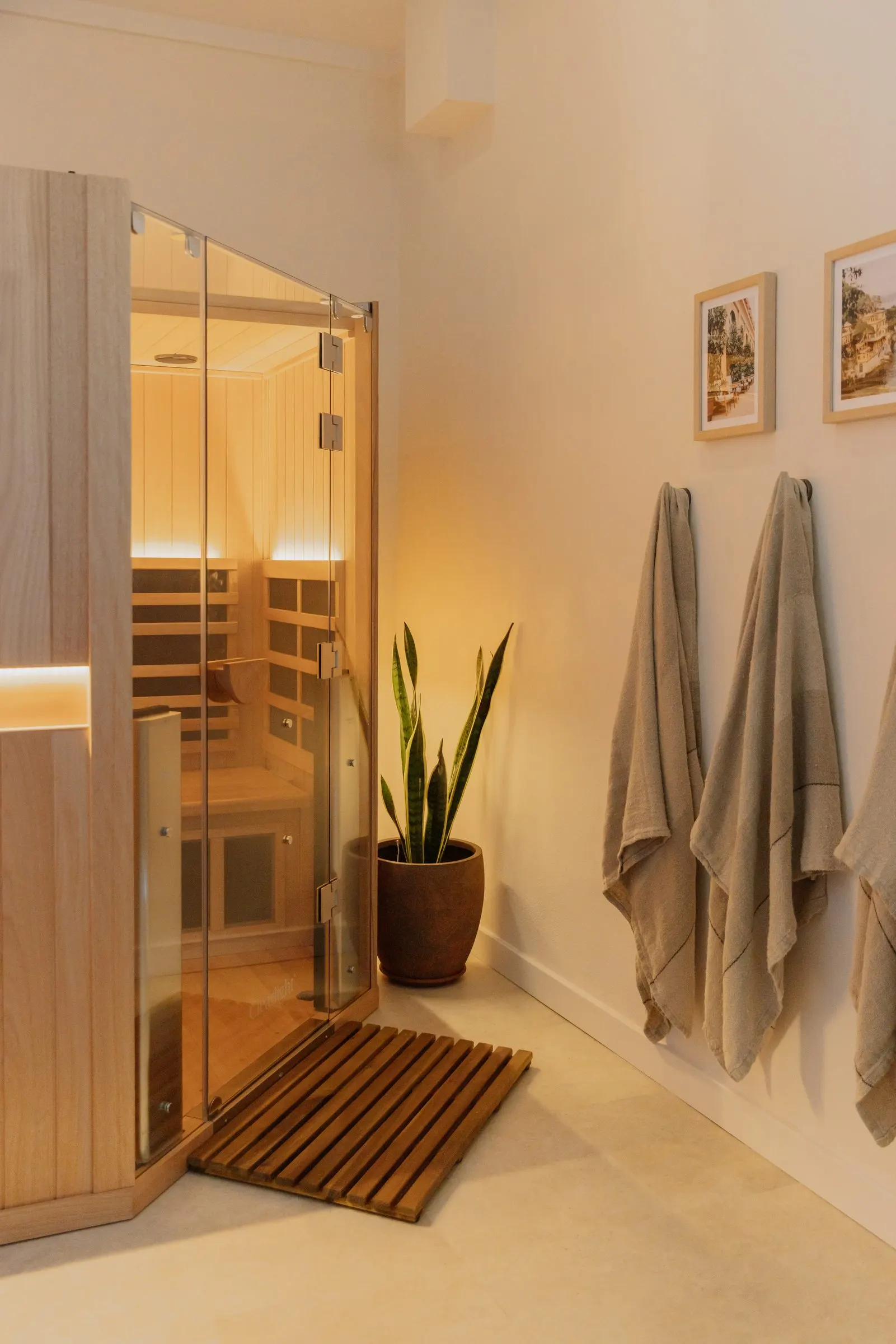 The Clearlight infrared sauna at Sento Club with towels and a plant